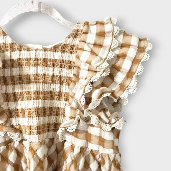 Matilda Jane Enchanted Garden Firefly Flutter Sleeve Top Sz 10 Tan Plaid Cottage - Picture 2 of 10